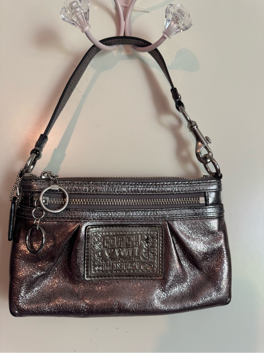 Coach Metallic Pewter Leather Poppy Wristlet
